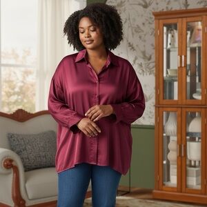 EILEEN FISHER Blouse Washed Hammered Silk Satin Button Front Cranberry Red 2XL